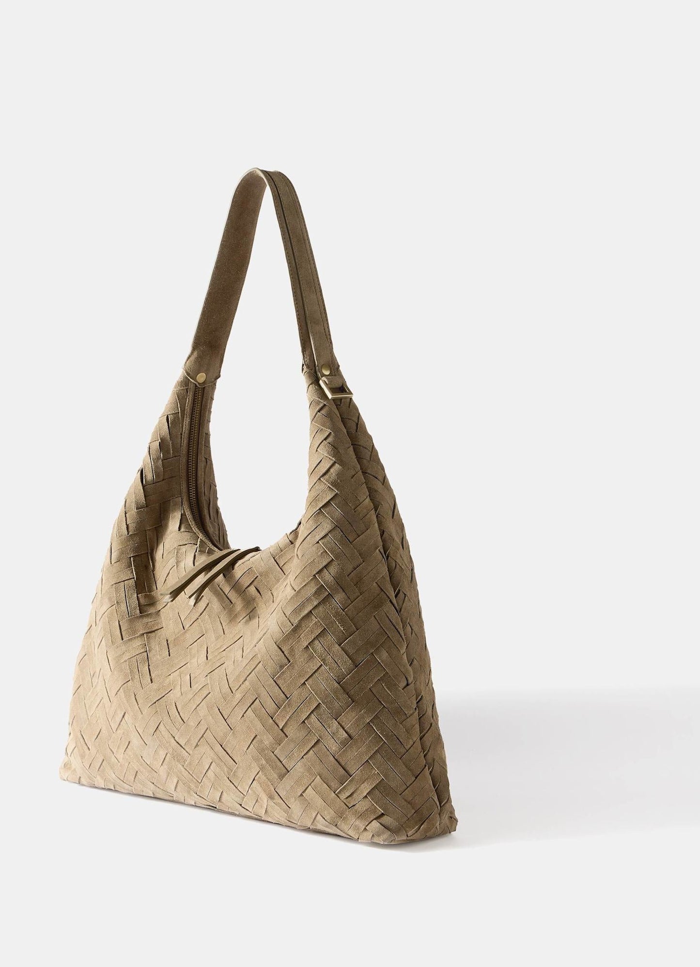 May Neutral Woven Suede Shoulder Bag
