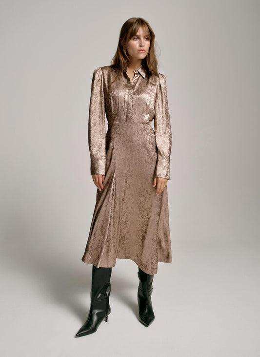 Gold Metallic Midi Shirt Dress