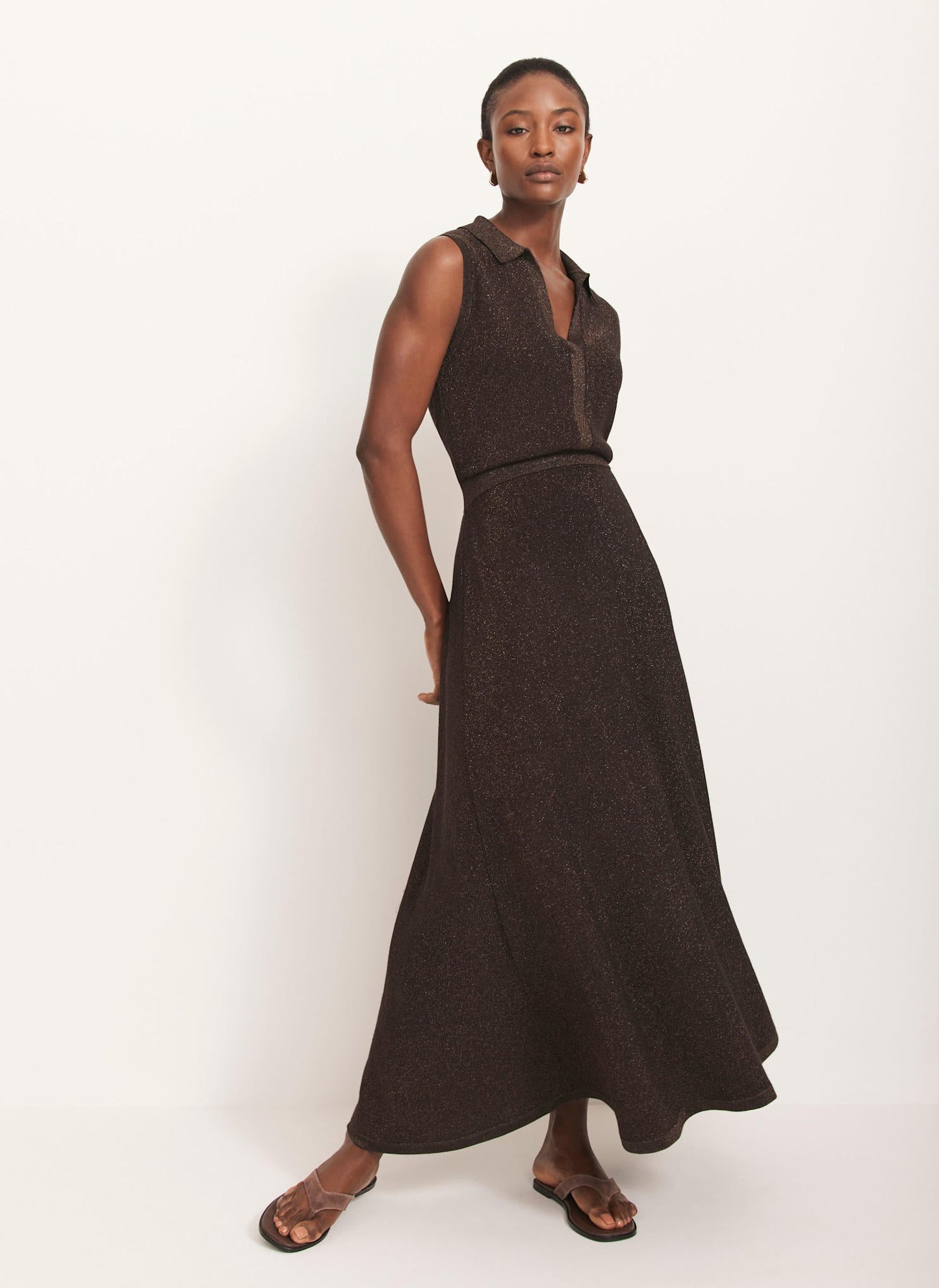 Brown Metallic Knit Midi Dress