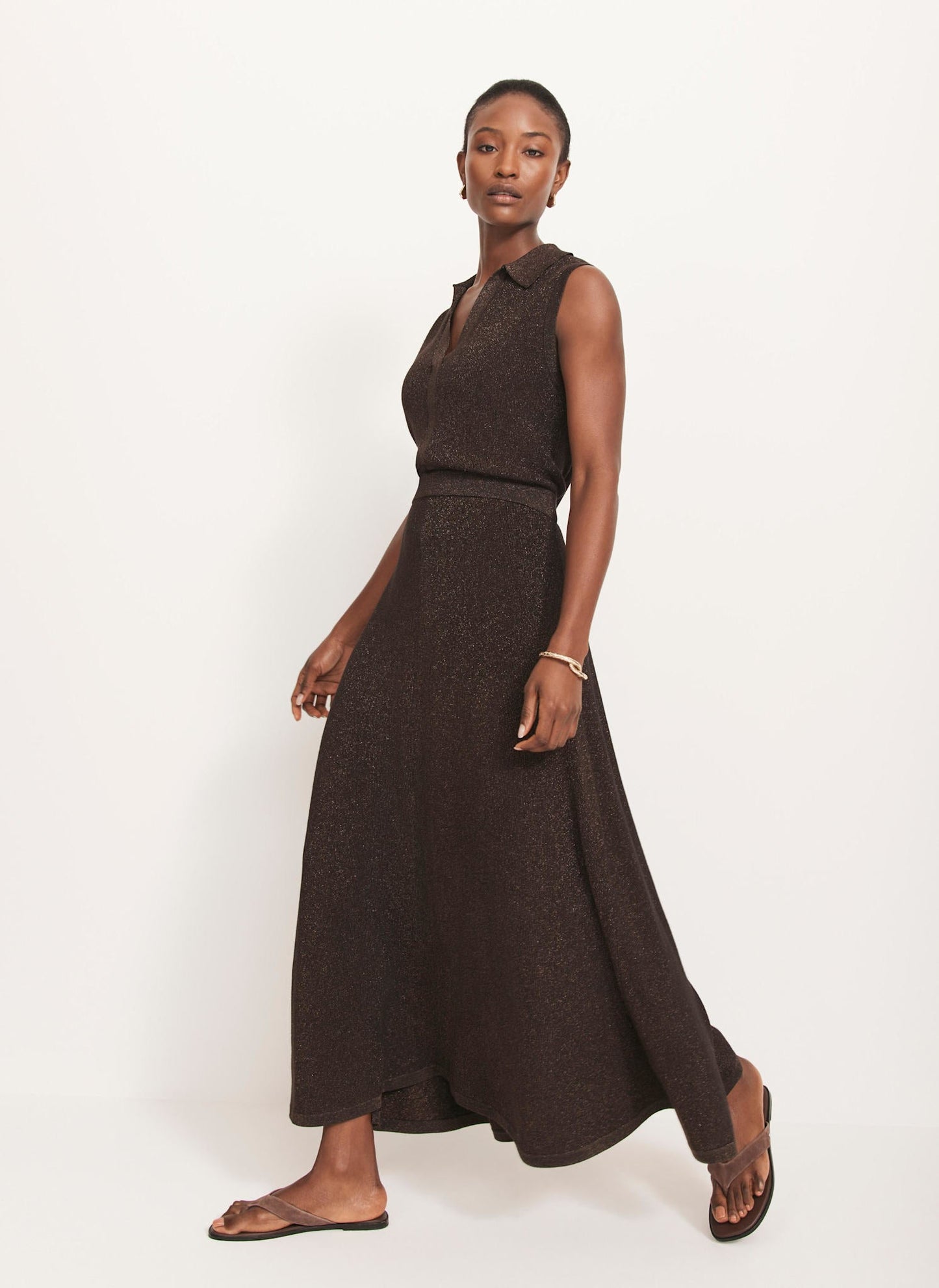 Brown Metallic Knit Midi Dress