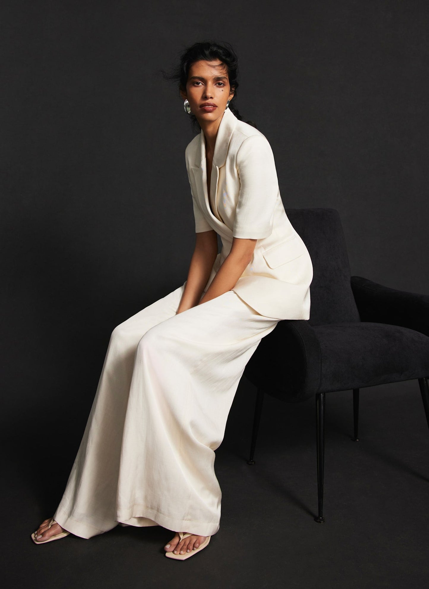 Cream Pleated Wide Trousers