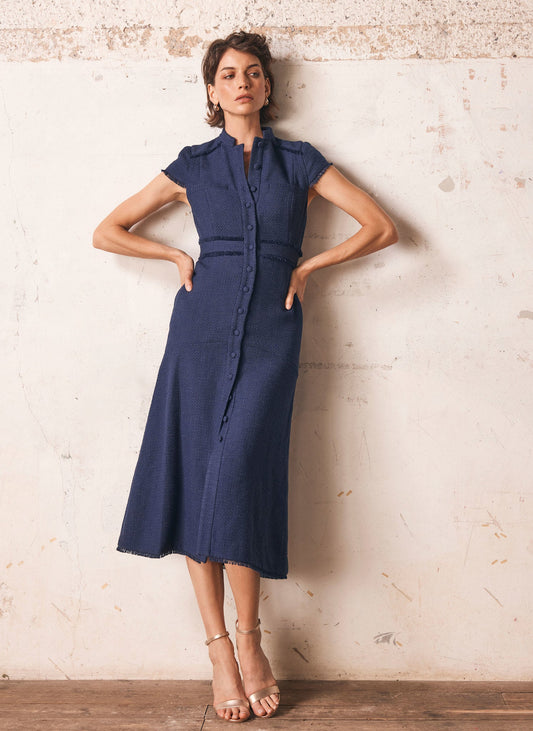 Navy Boucle Midi Dress