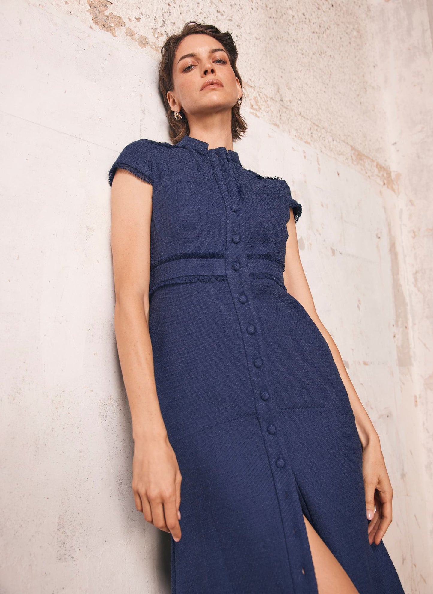 Navy Boucle Midi Dress