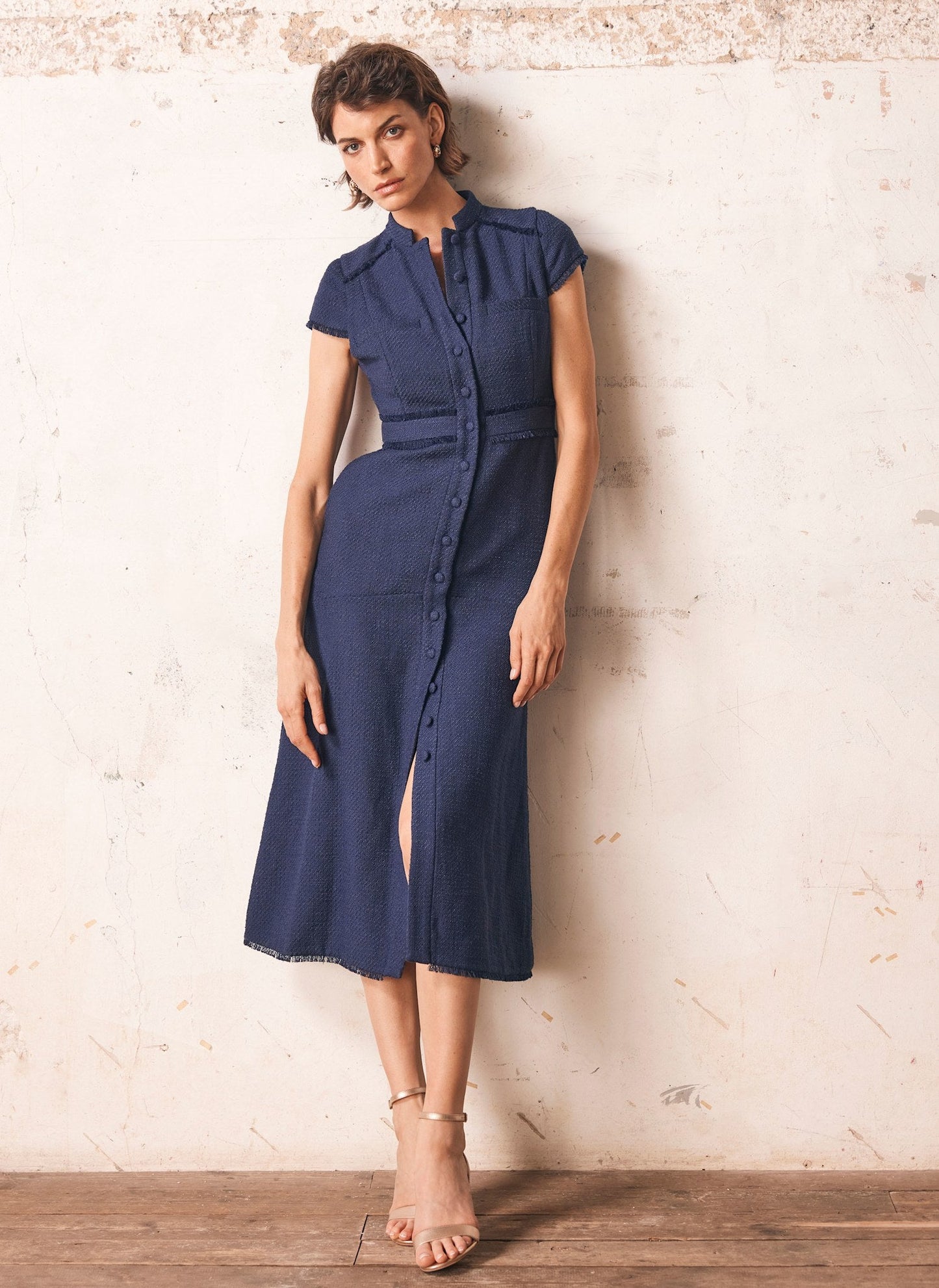 Navy Boucle Midi Dress