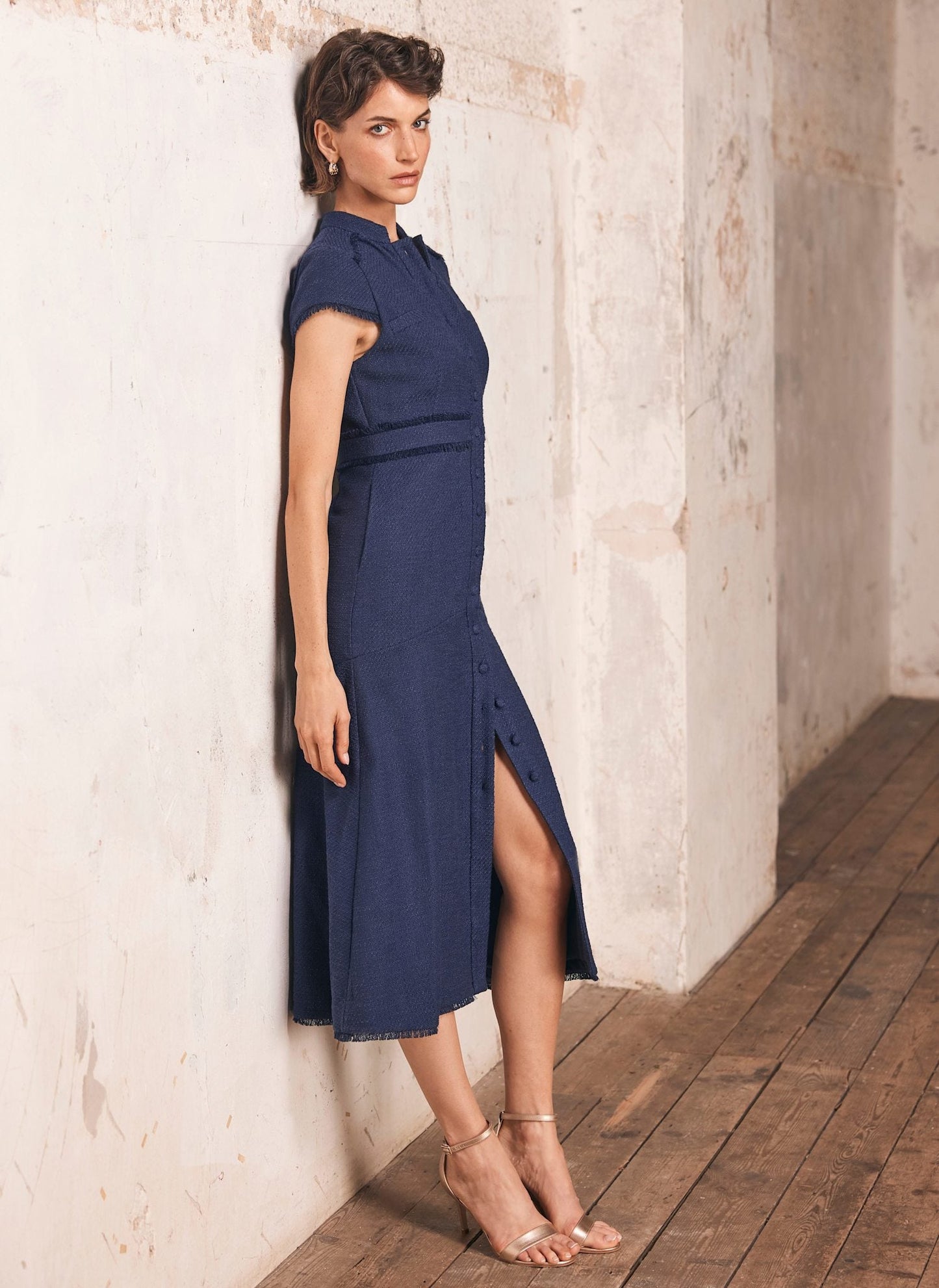 Navy Boucle Midi Dress