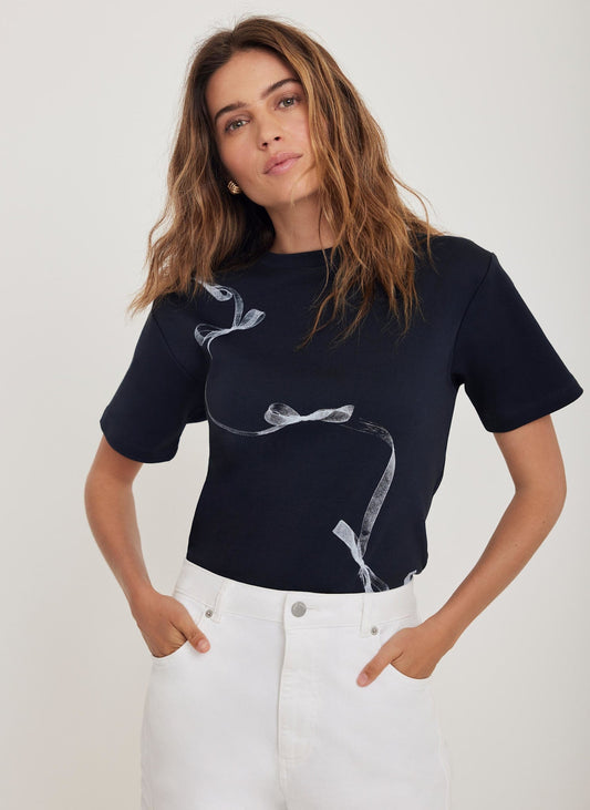 Navy Ribbon Print T-Shirt