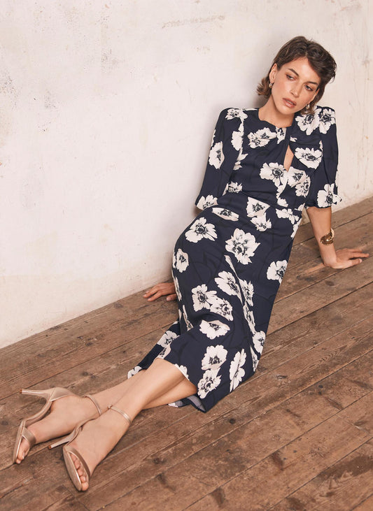 Navy Floral Print Midi Dress