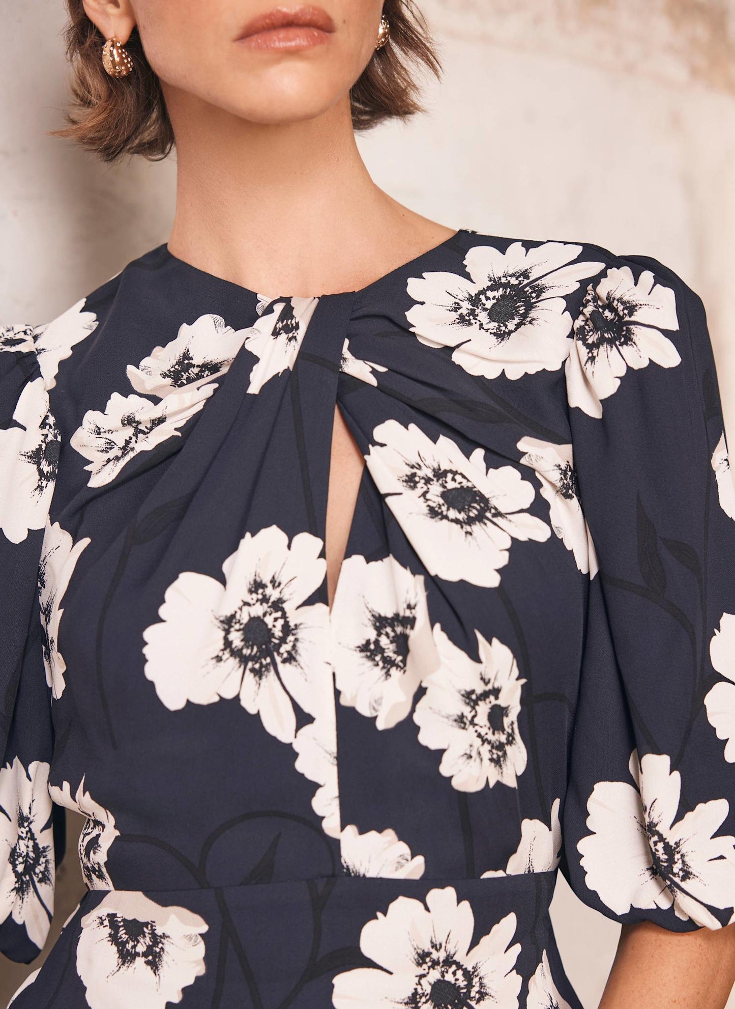 Navy Floral Print Midi Dress