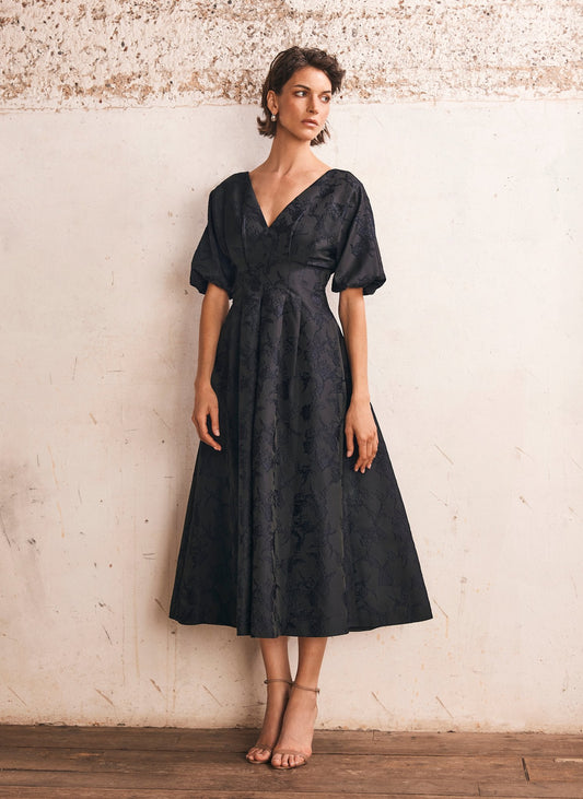 Navy Jacquard Midi Dress
