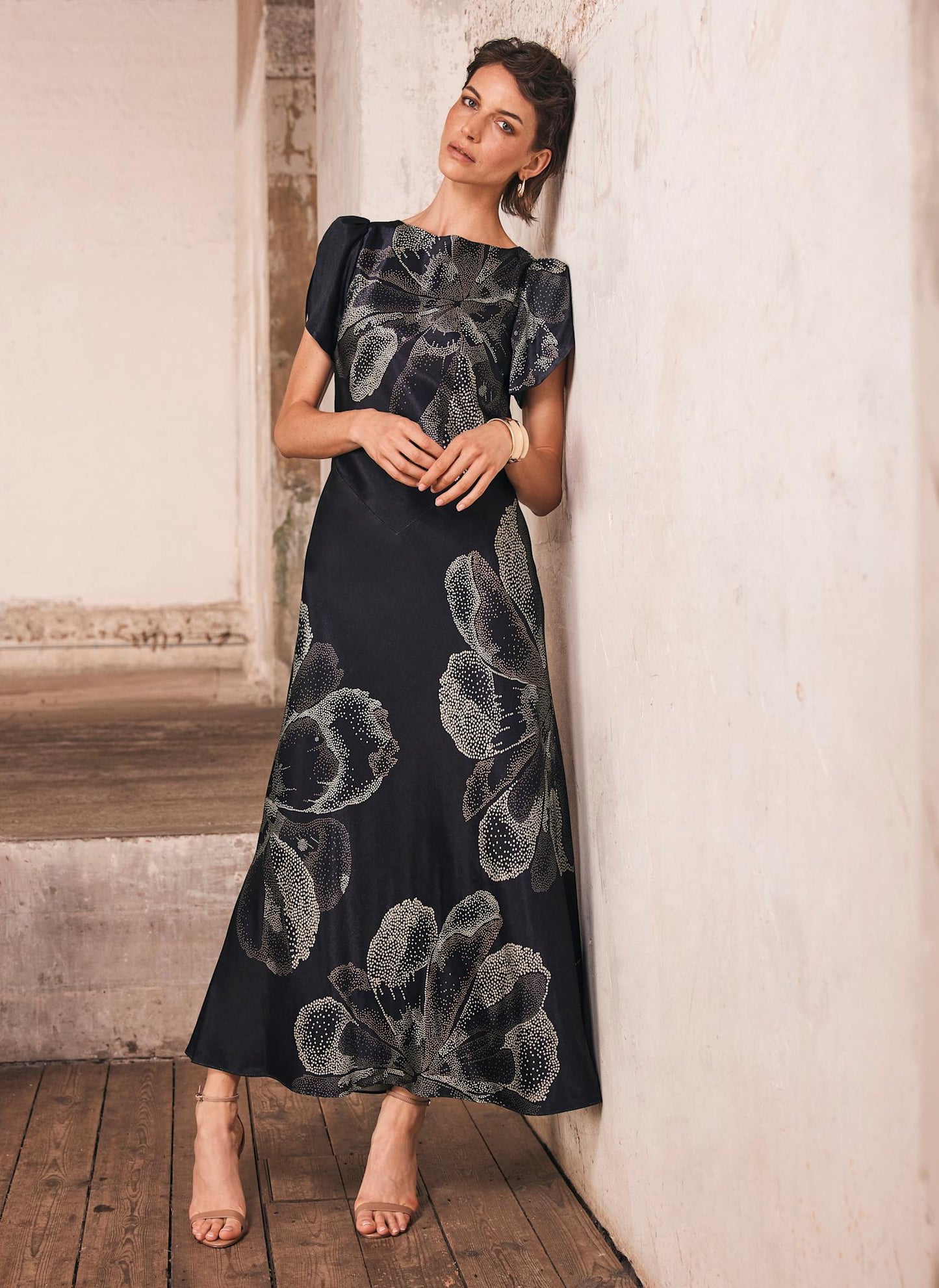 Navy Floral Print Satin Midi Dress