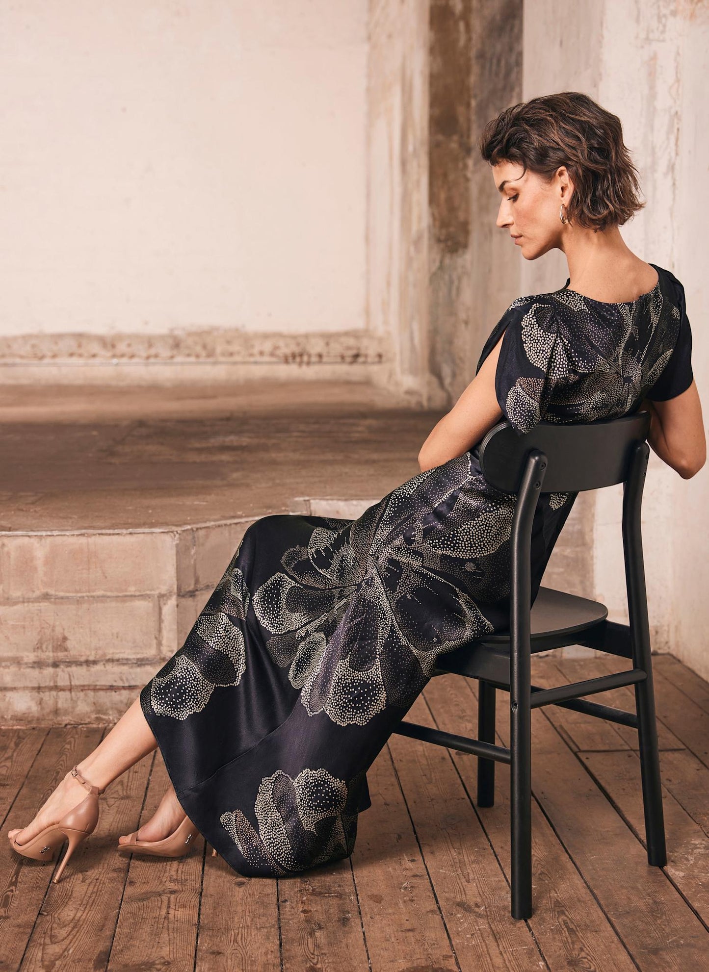 Navy Floral Print Satin Midi Dress