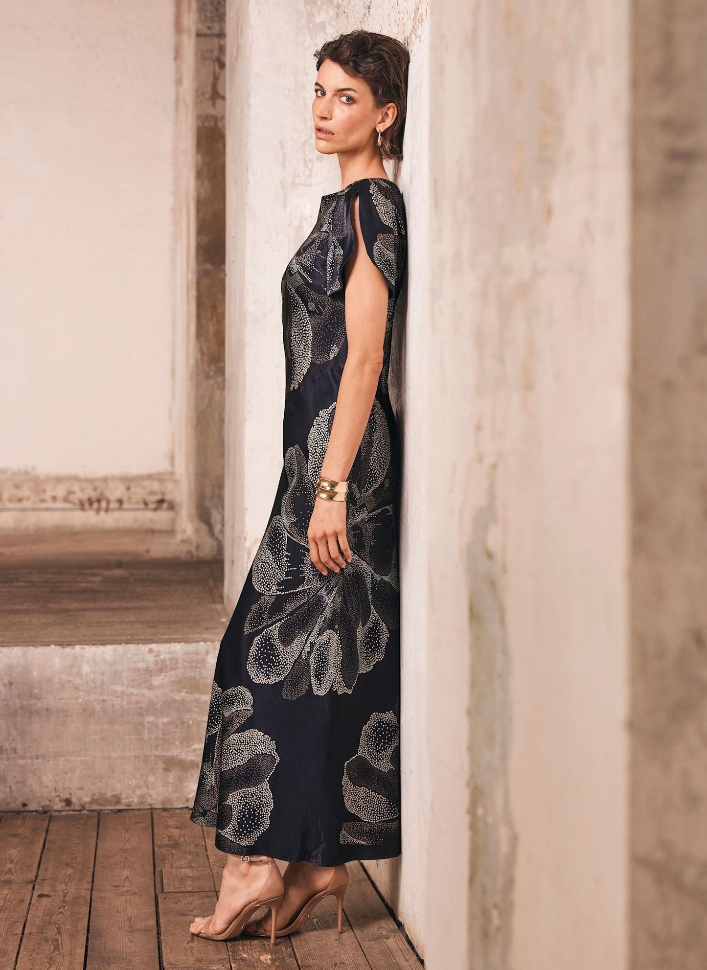 Navy Floral Print Satin Midi Dress