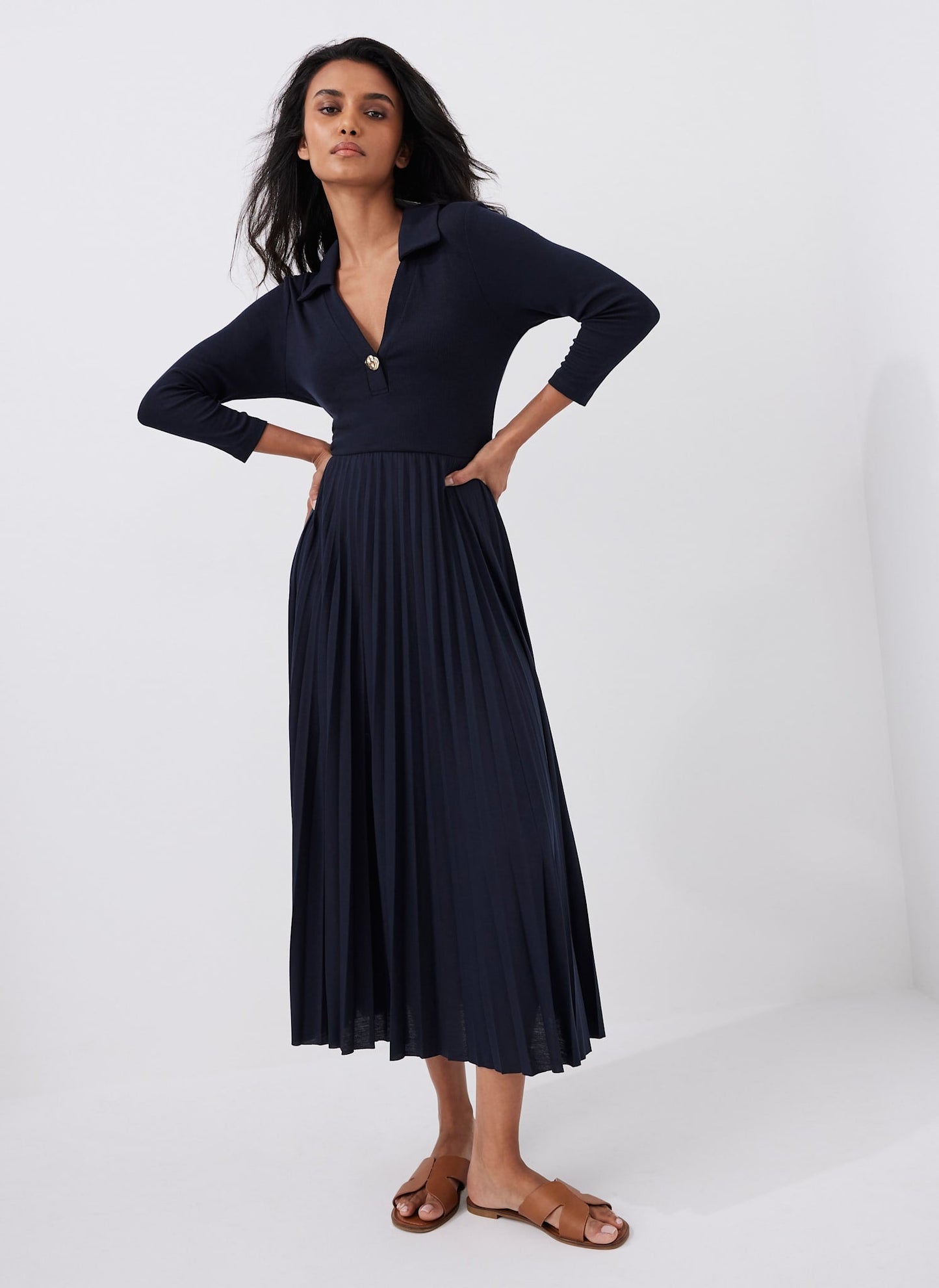 Navy Jersey Collar Midi Dress
