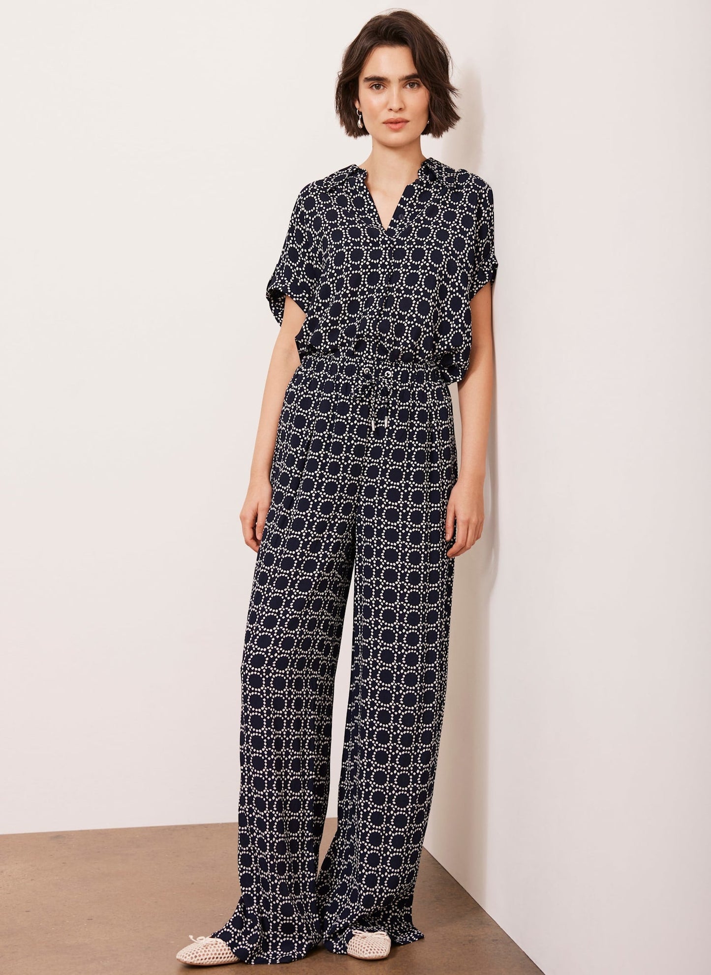 Navy Geometric Printed Wide Leg Trousers