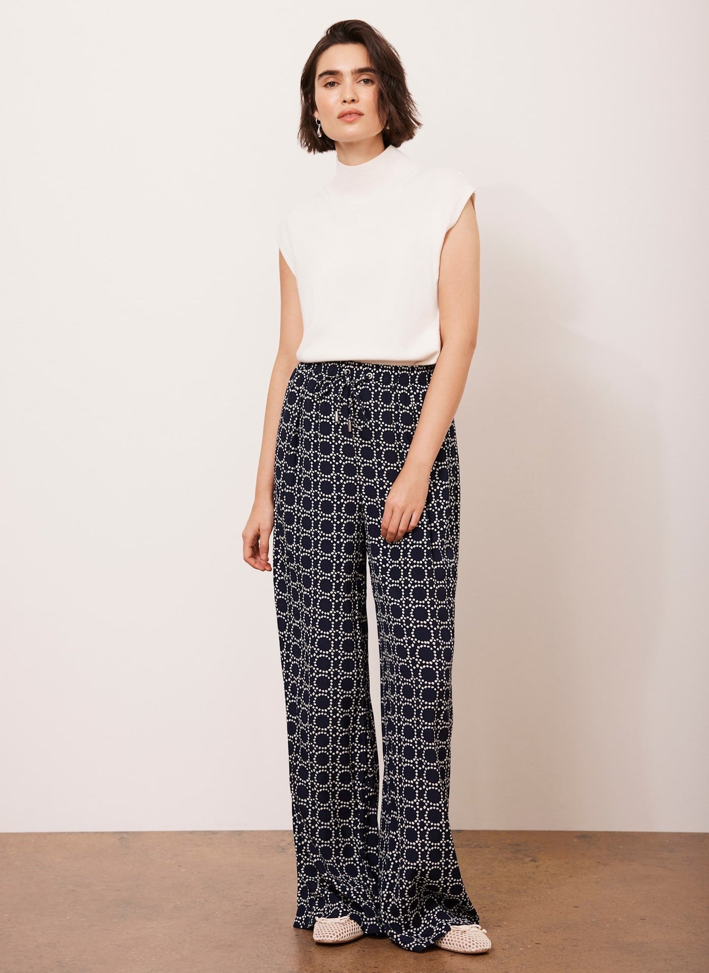 Navy Geometric Printed Wide Leg Trousers