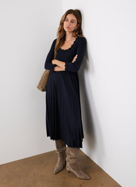 Navy Scallop Jersey Mix Midi Dress