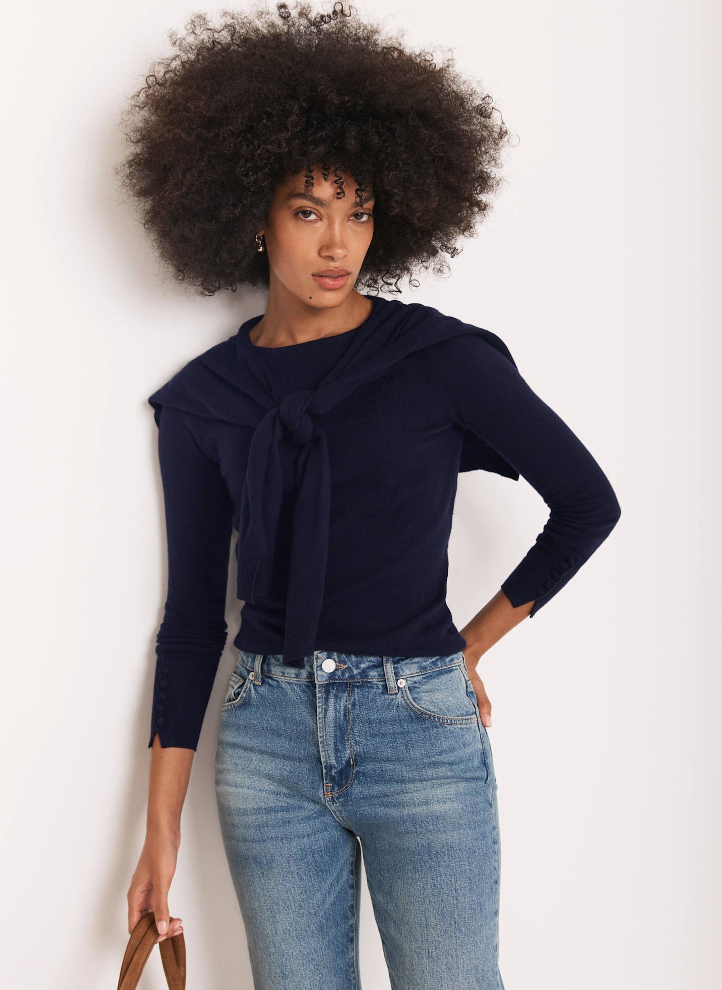 Navy Cotton Blend Scarf Detail Jumper