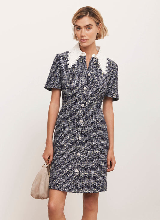 Navy Statement Collar Boucle Mini Dress
