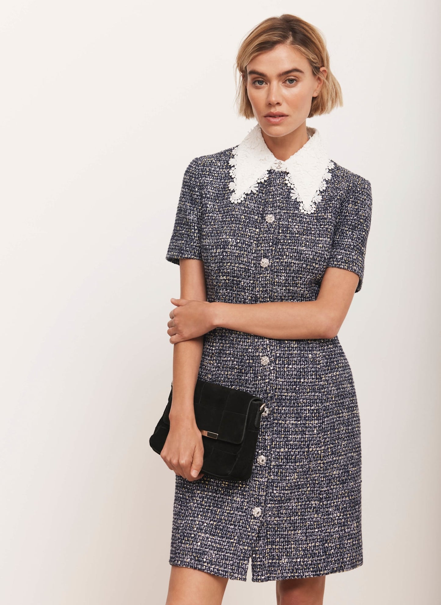 Navy Statement Collar Boucle Mini Dress