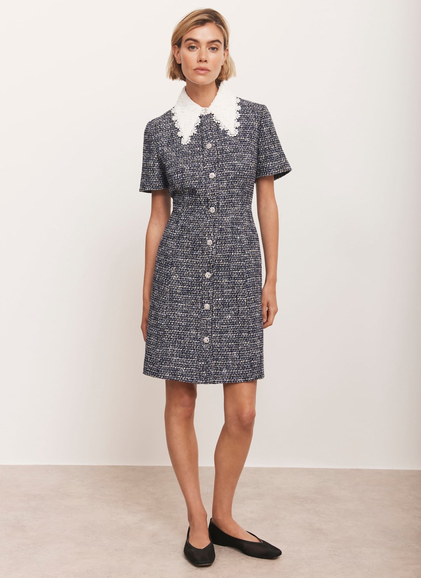 Navy Statement Collar Boucle Mini Dress