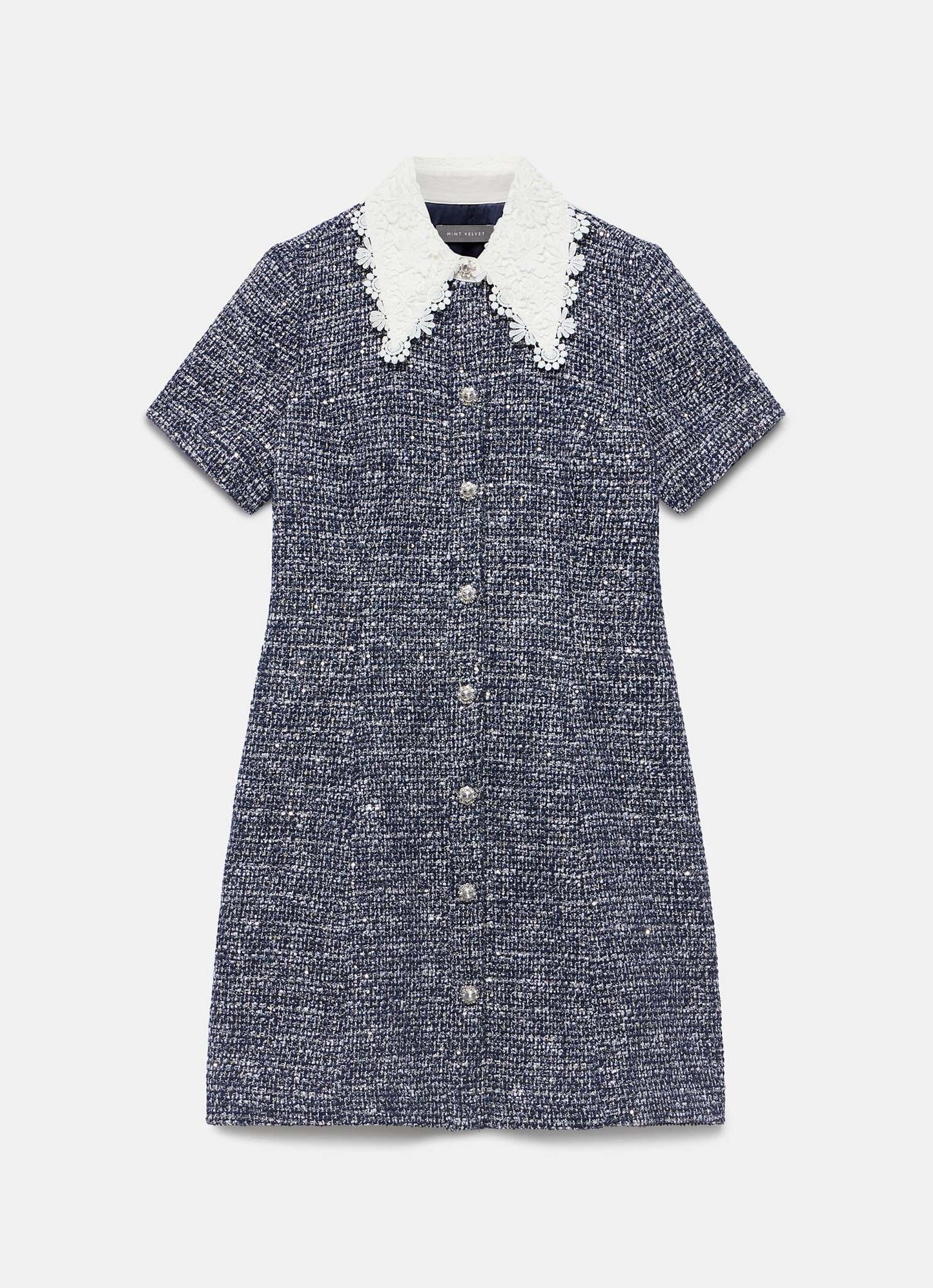 Navy Statement Collar Boucle Mini Dress