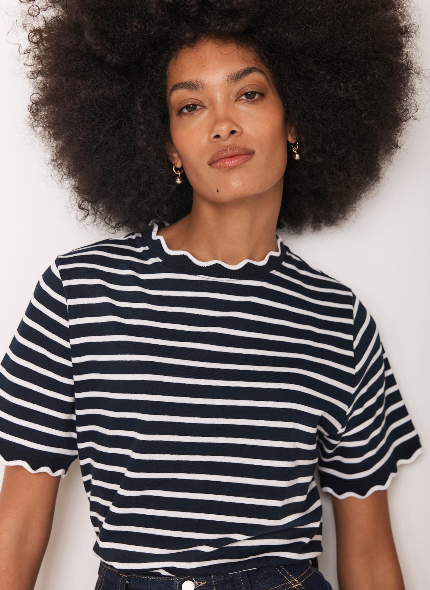 Navy Stripe Scallop Trim T-Shirt
