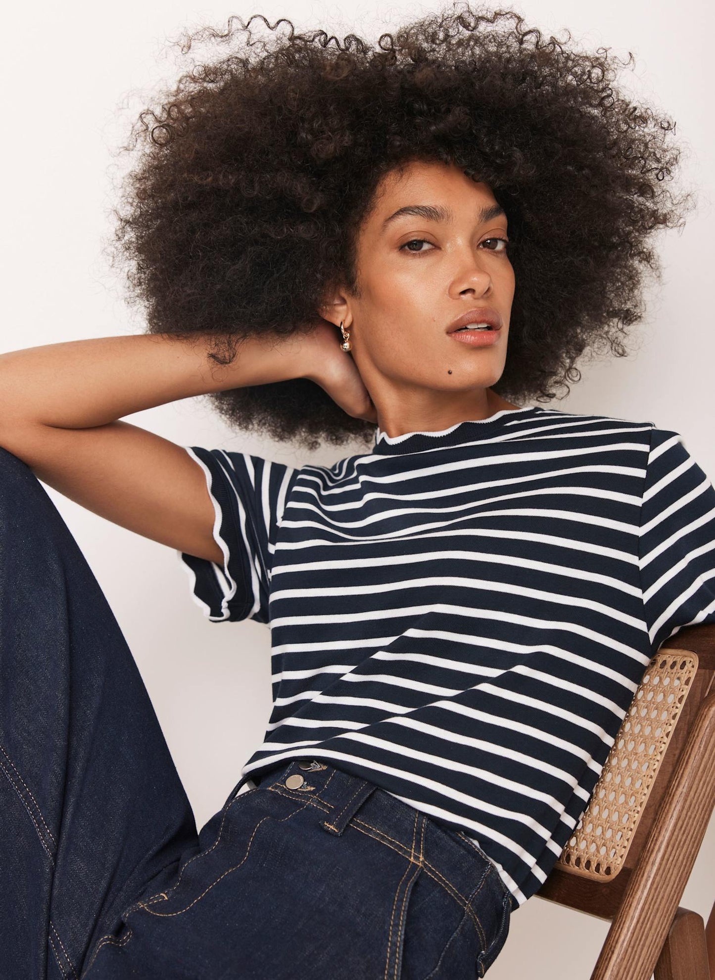 Navy Stripe Scallop Trim T-Shirt