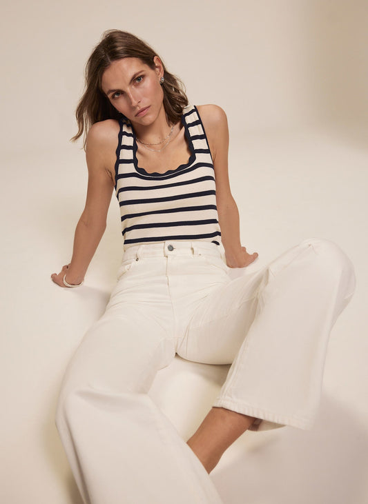 Navy Striped Scallop Trim Vest Top