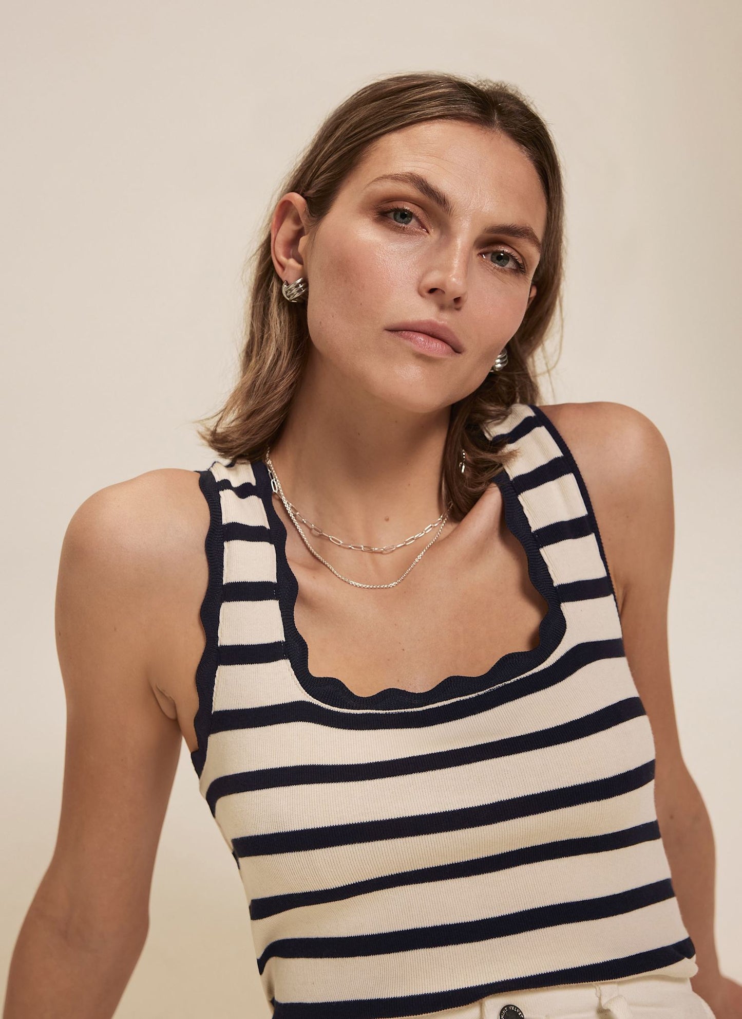 Navy Striped Scallop Trim Vest Top