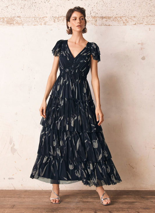 Navy Floral Print Maxi Dress