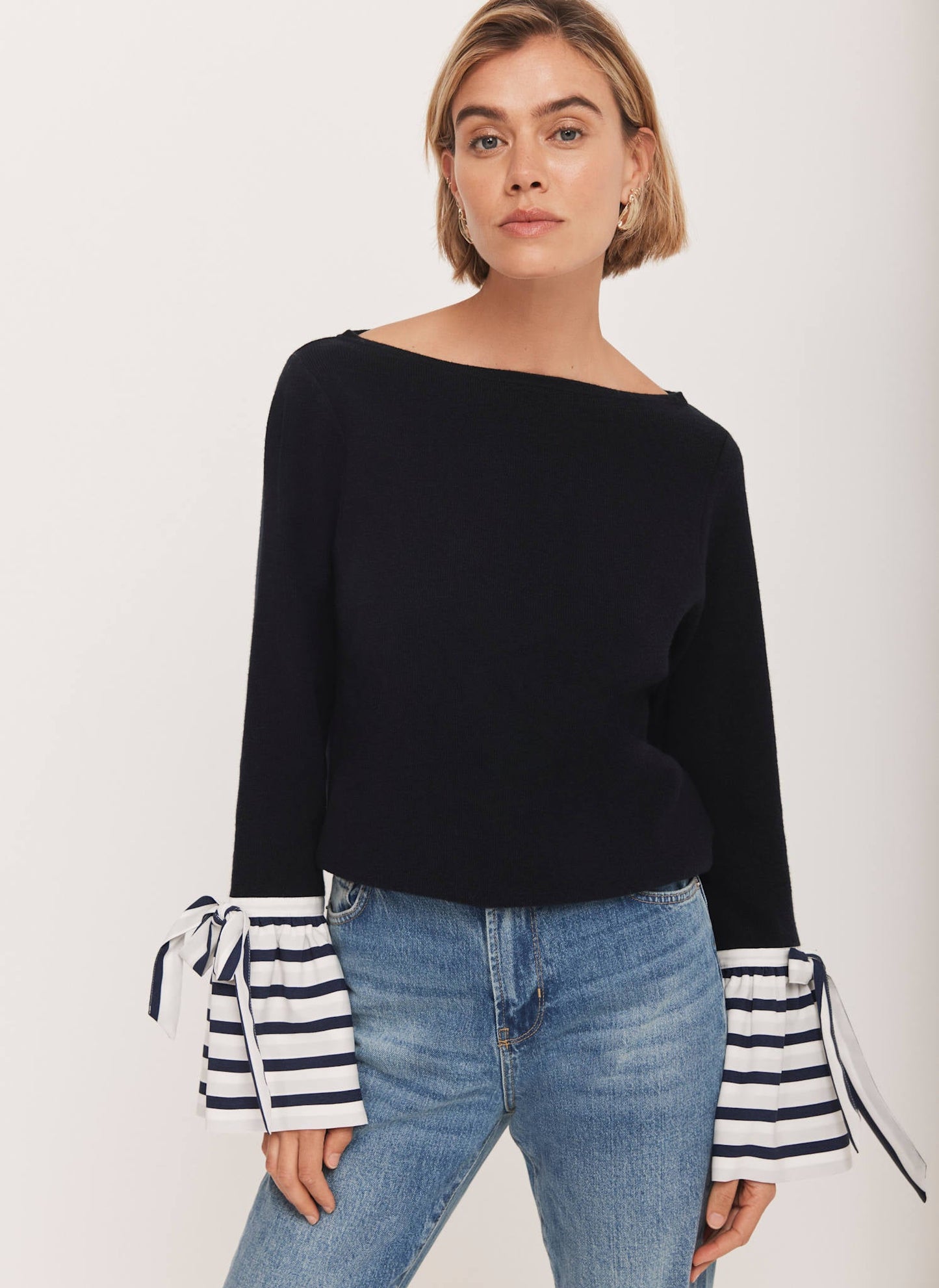 Navy Cotton Blend Striped Cuff Knit Jumper