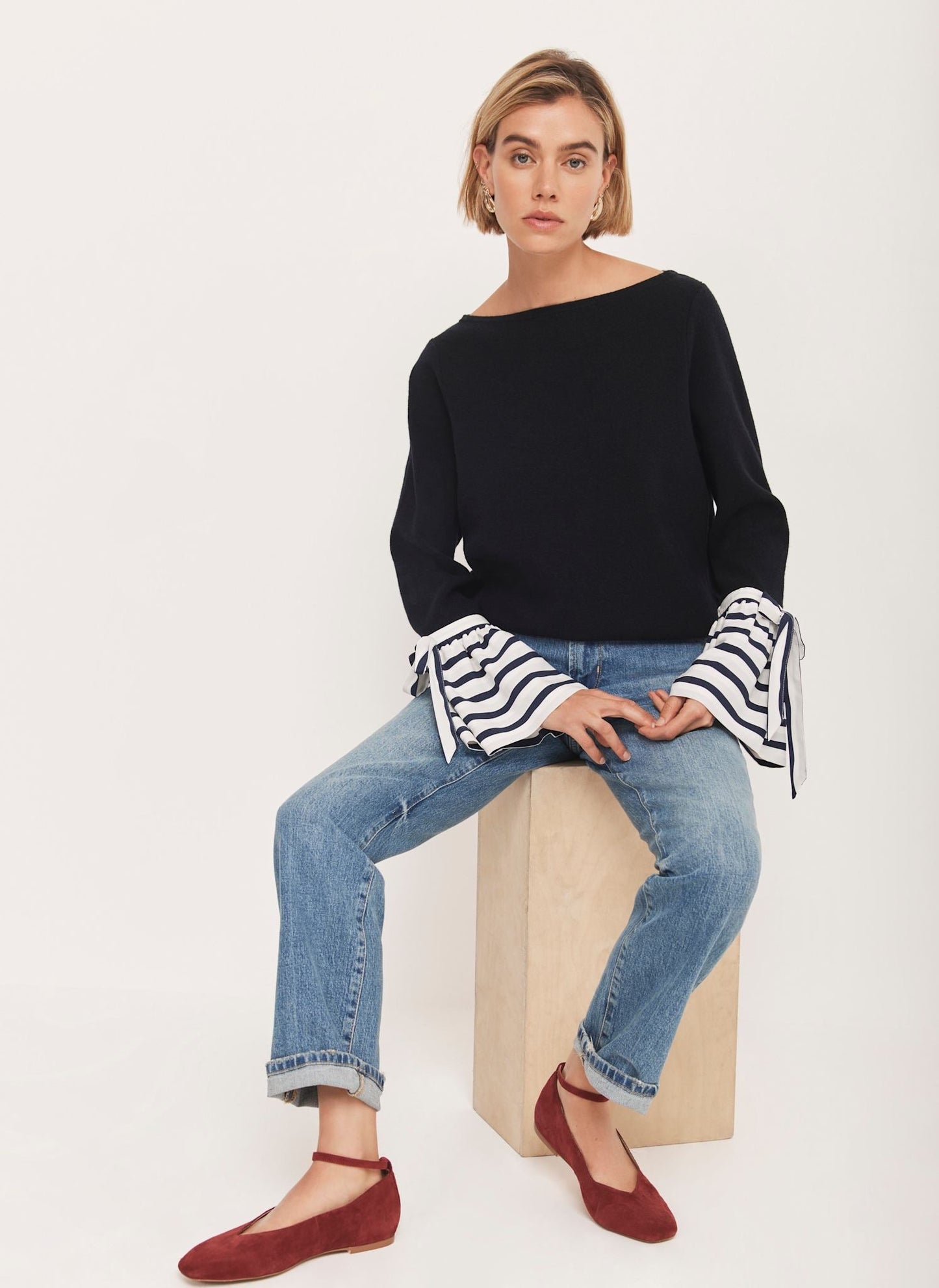 Navy Cotton Blend Striped Cuff Knit Jumper