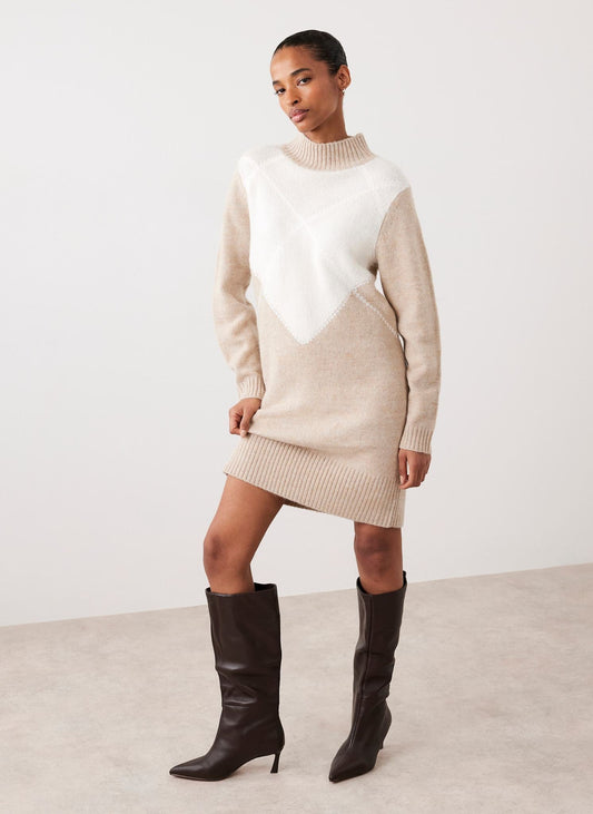 Neutral Argyle Knit Mini Dress