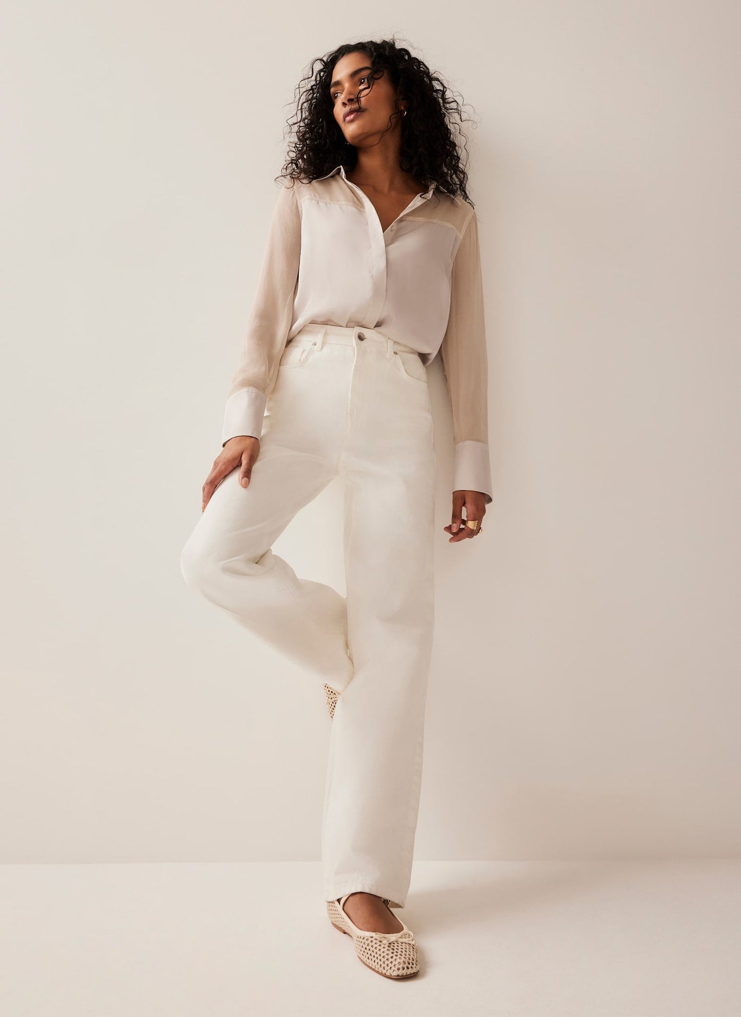 Neutral Satin Long Sleeve Shirt