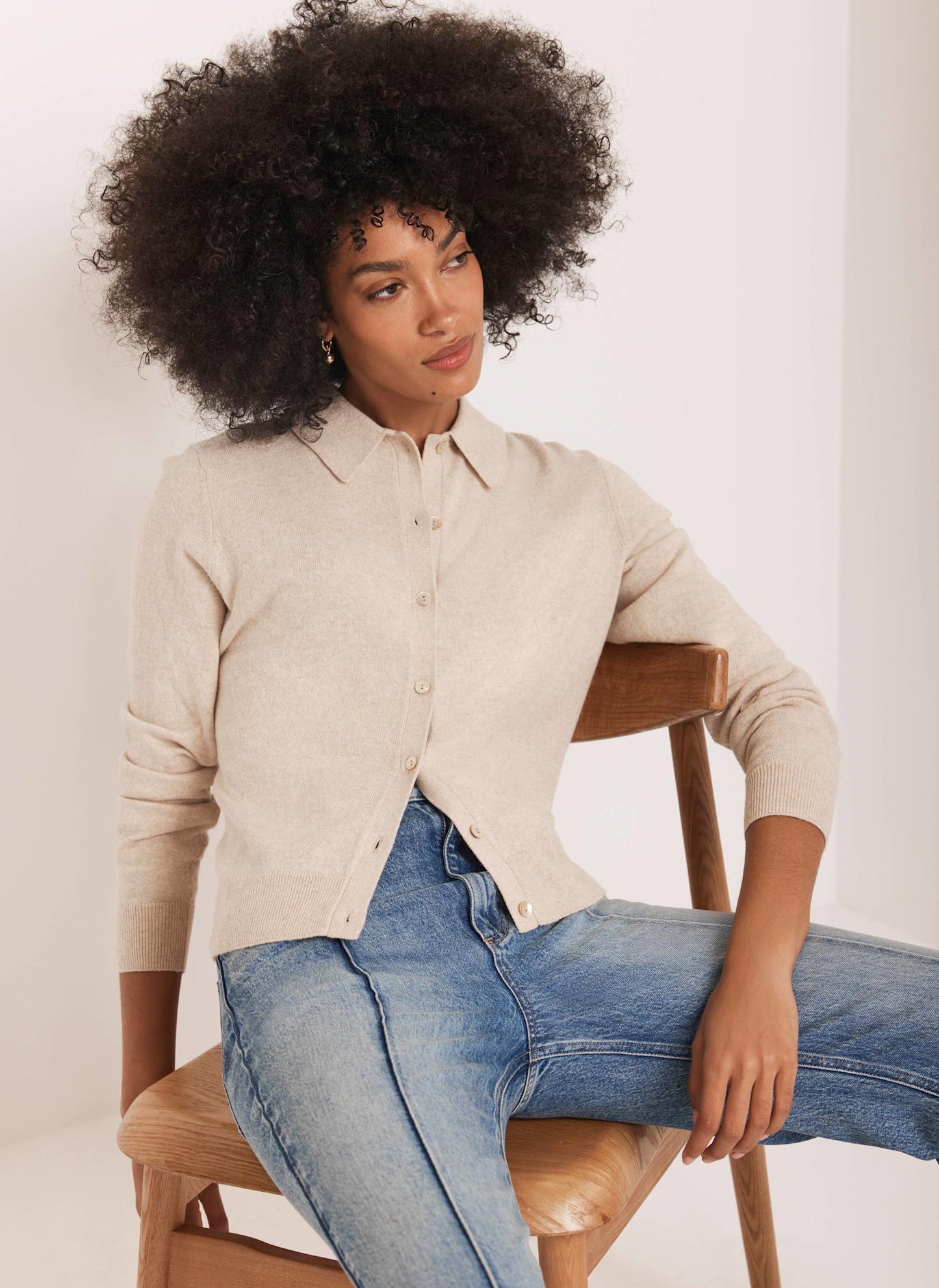 Neutral Cotton Blend Button Collar Cardigan