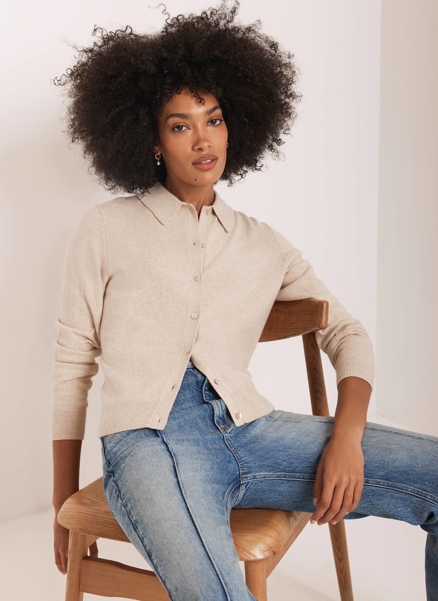 Neutral Cotton Blend Button Collar Cardigan