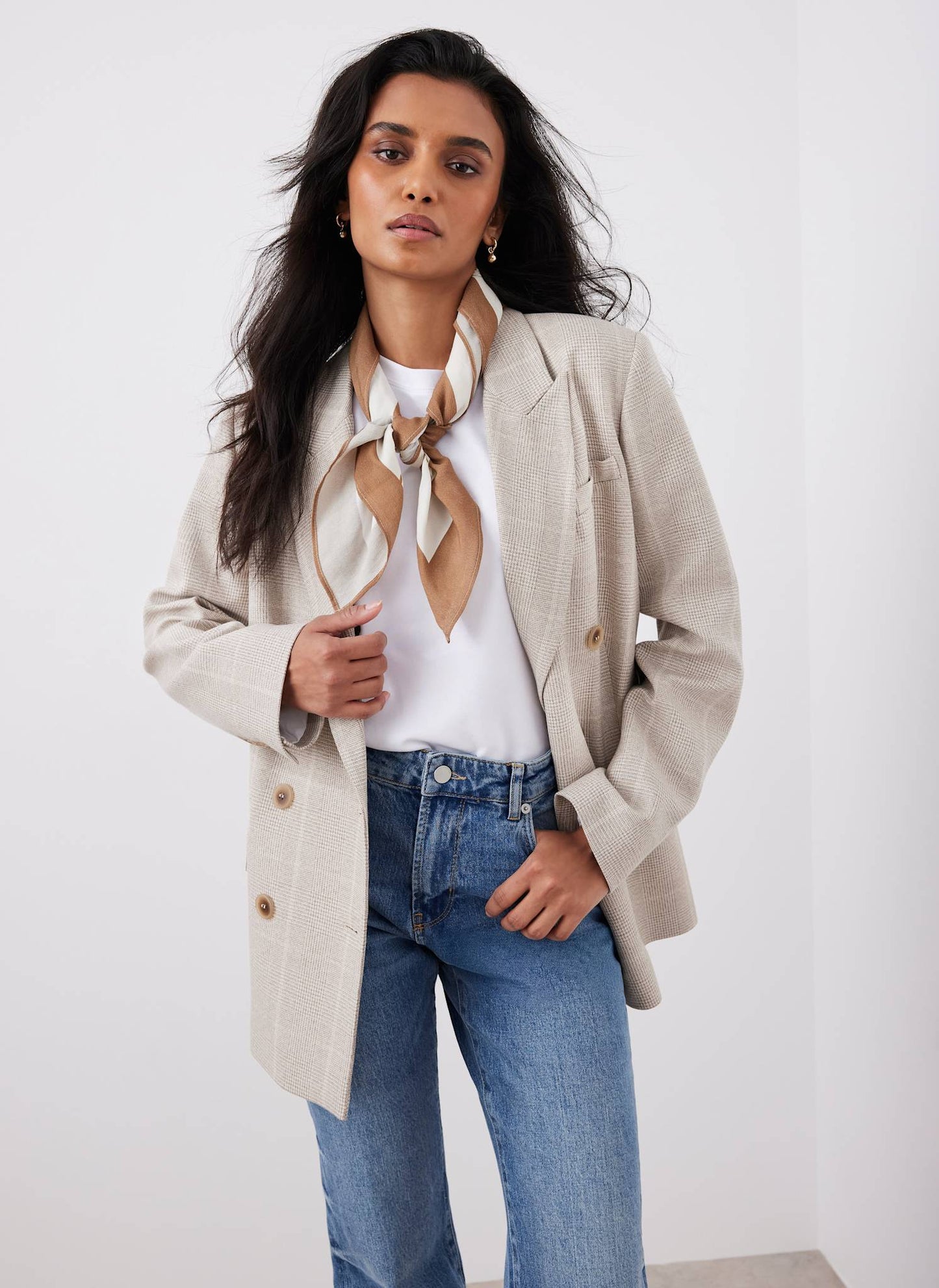 Neutral Checked Double Breasted Blazer