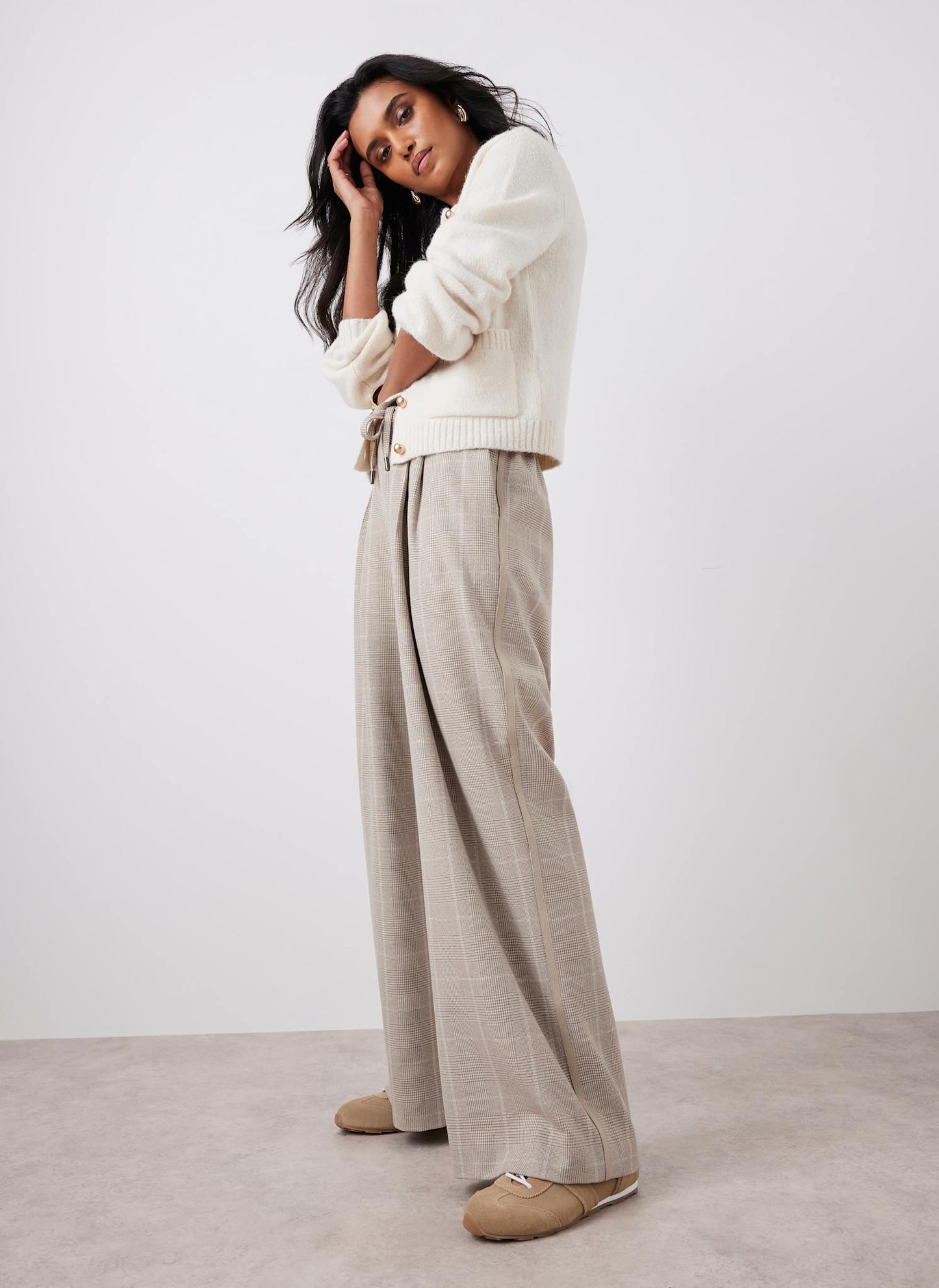 Neutral Checked Tailored Wide Trousers
