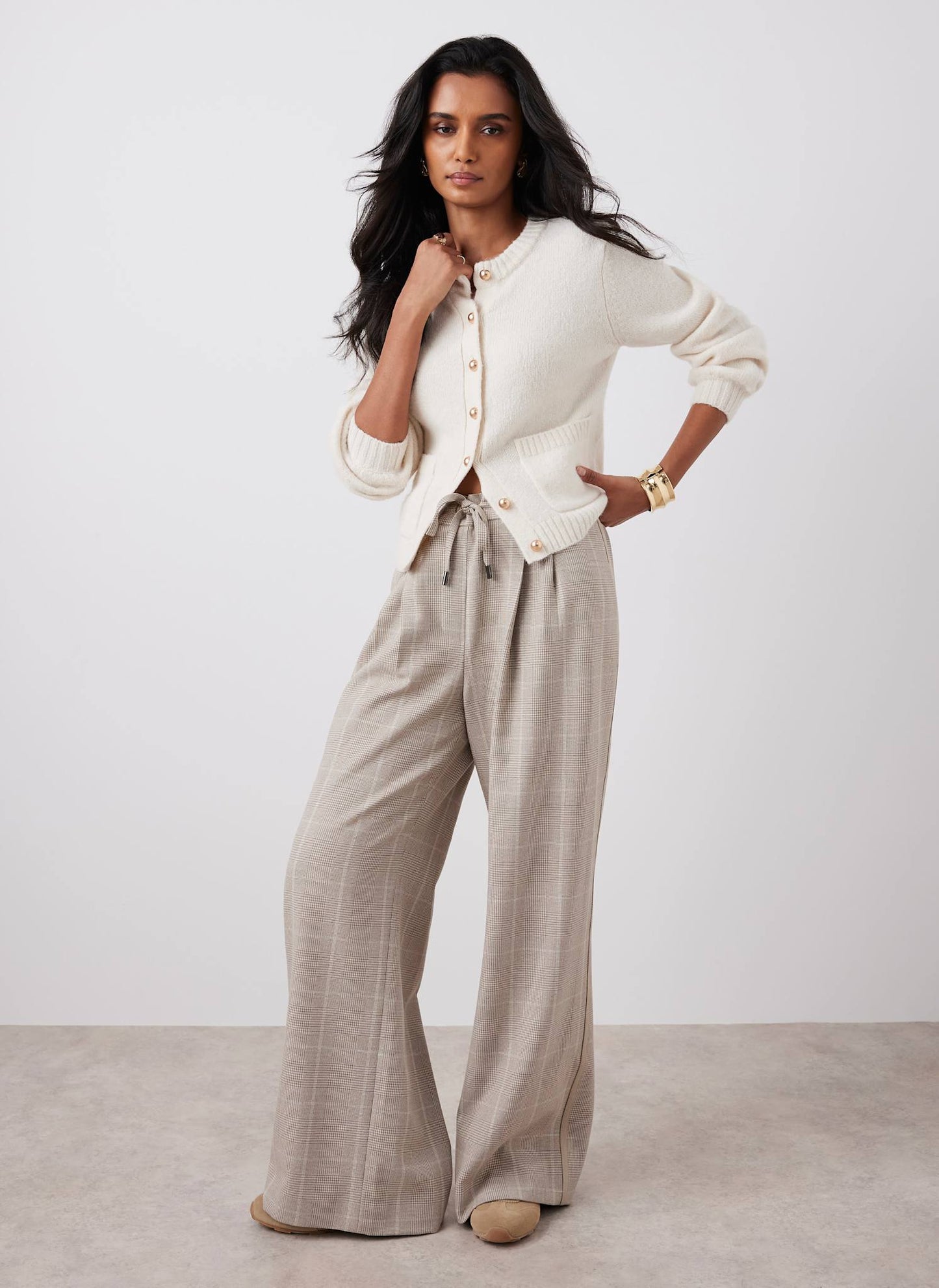 Neutral Checked Tailored Wide Trousers