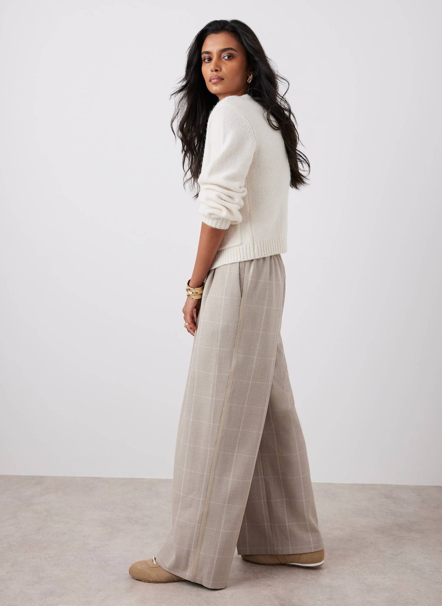 Neutral Checked Tailored Wide Trousers