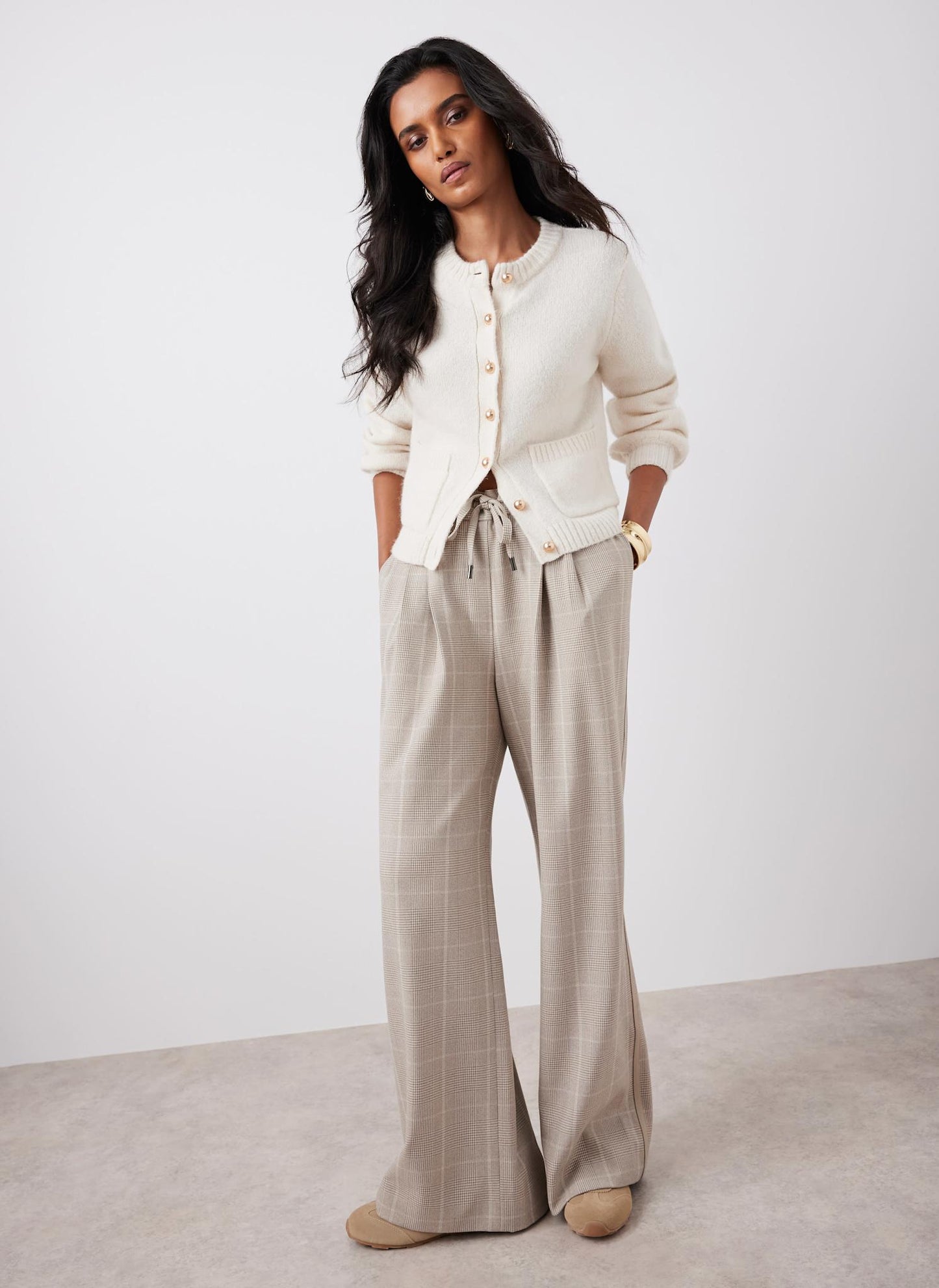 Neutral Checked Tailored Wide Trousers