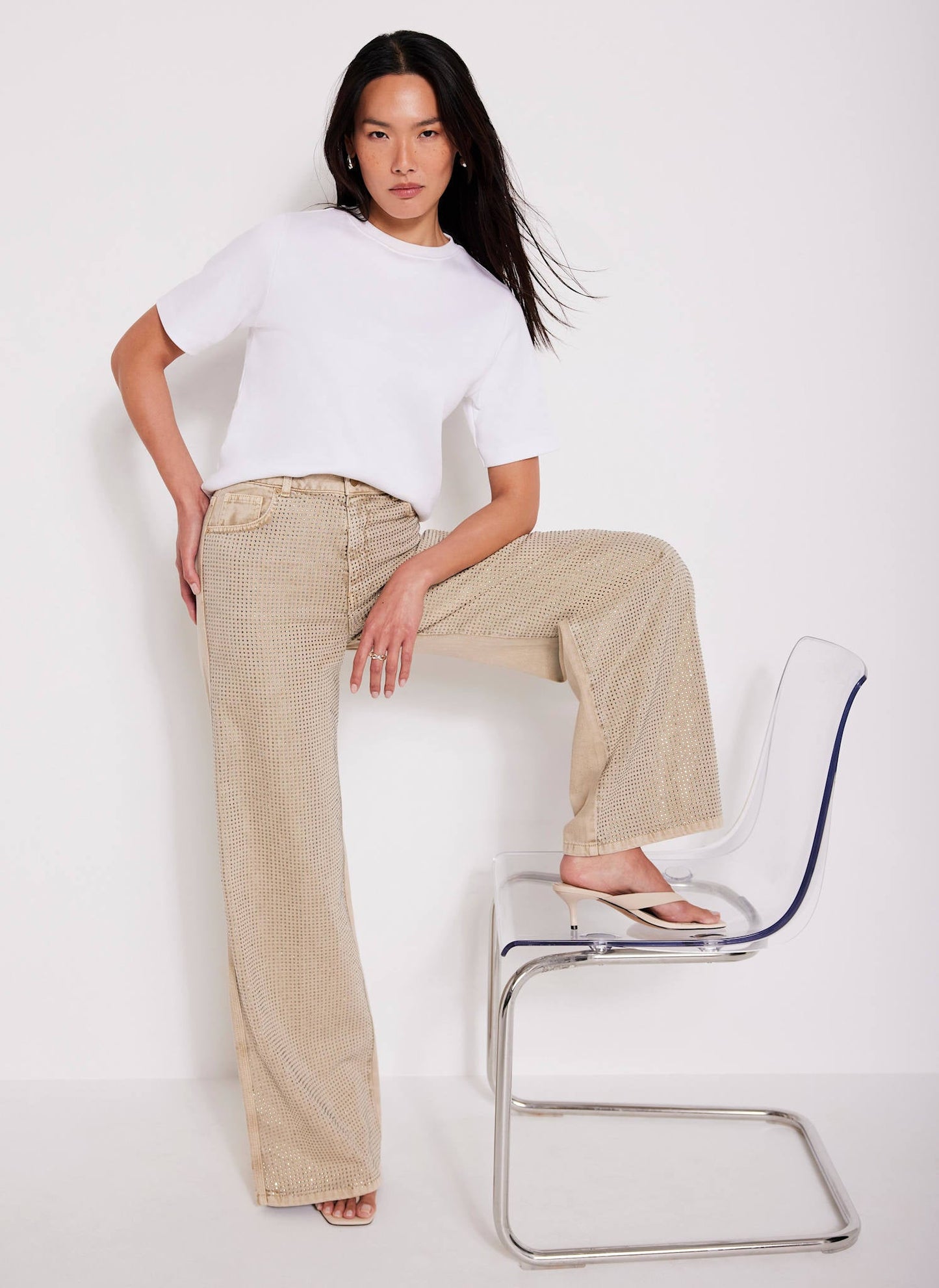 Neutral Diamante Wide Leg Jeans