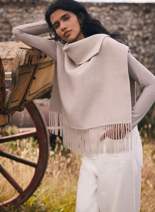 Neutral Wool Blend Fringed Poncho