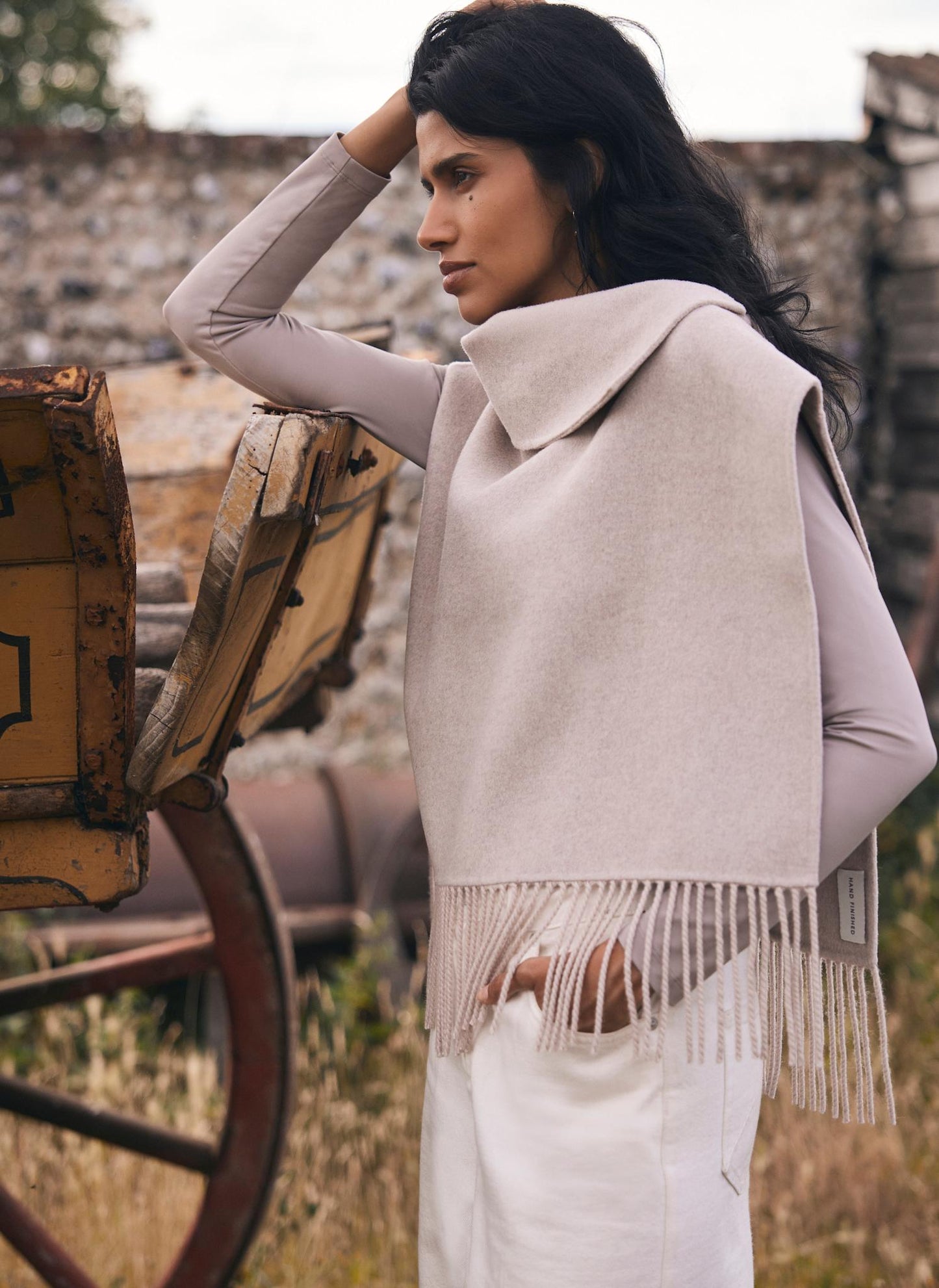 Neutral Wool Blend Fringed Poncho