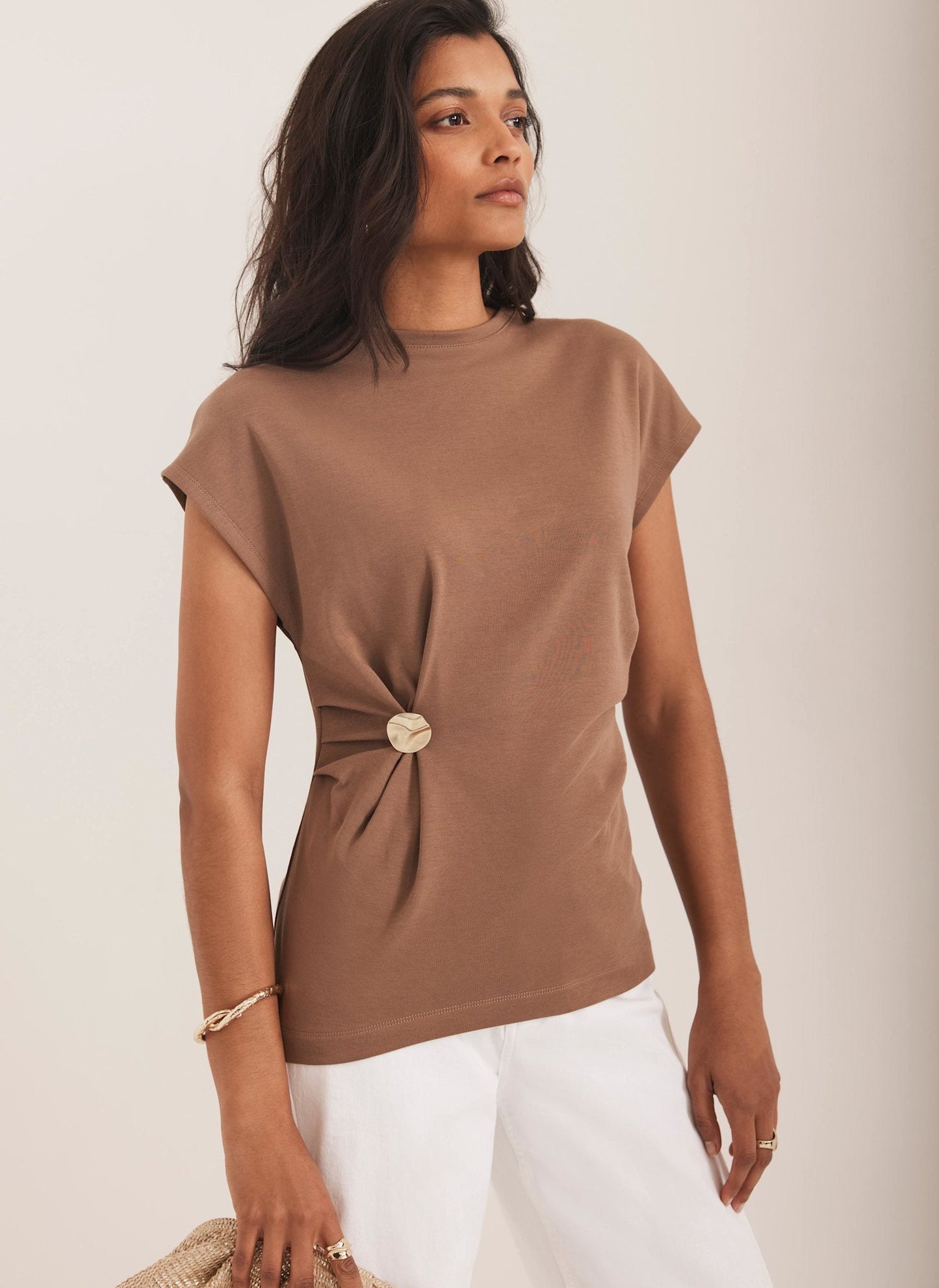 Brown Gathered Detail T-Shirt