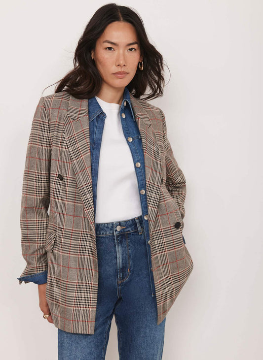Neutral Checked Double Breasted Blazer