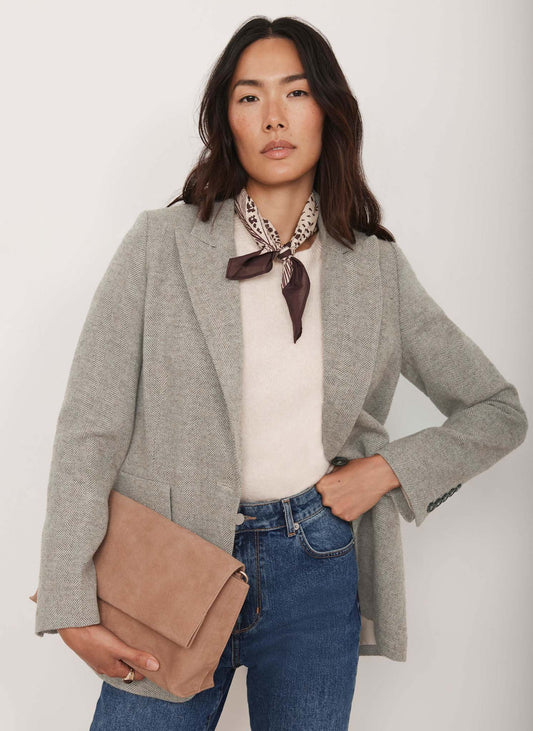 Neutral Herringbone Single Breasted Blazer
