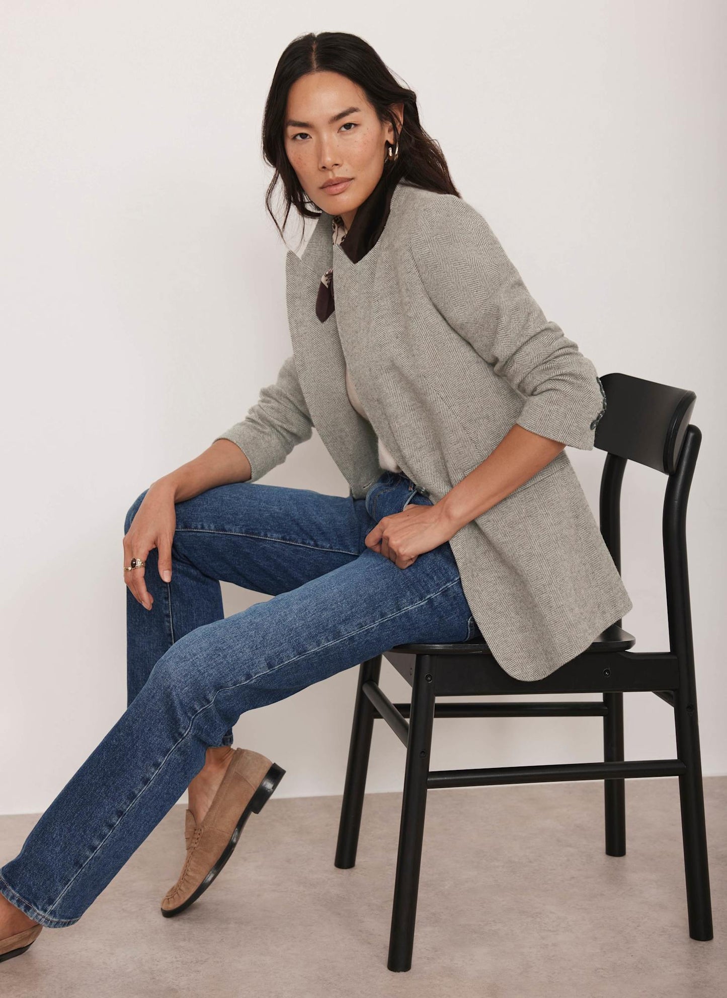 Neutral Herringbone Single Breasted Blazer