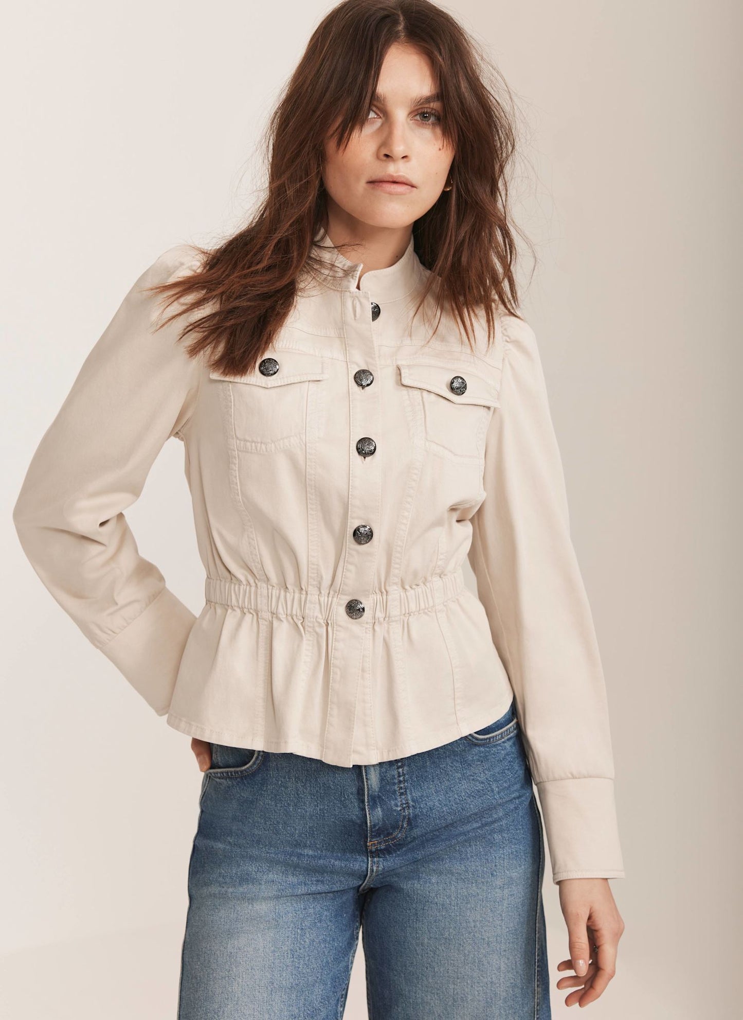 Neutral Puff Sleeve Peplum Jacket