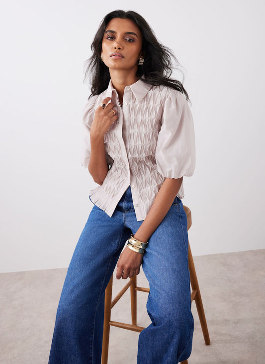 Neutral Puff Sleeve Smock Shirt